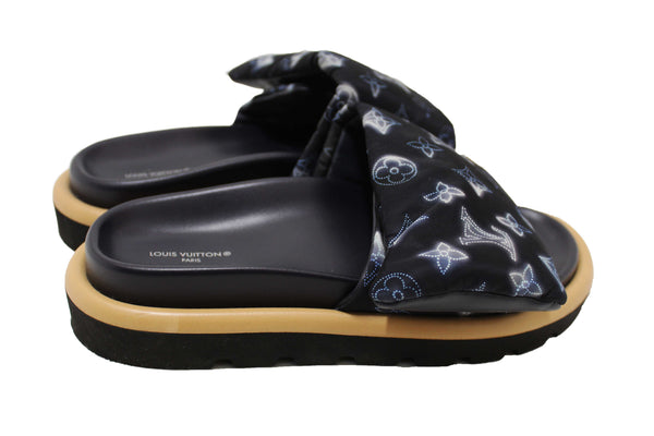 Louis Vuitton Navy Blue Nylon Monogram Womens Pool Pillow Comfort Mules Size 38