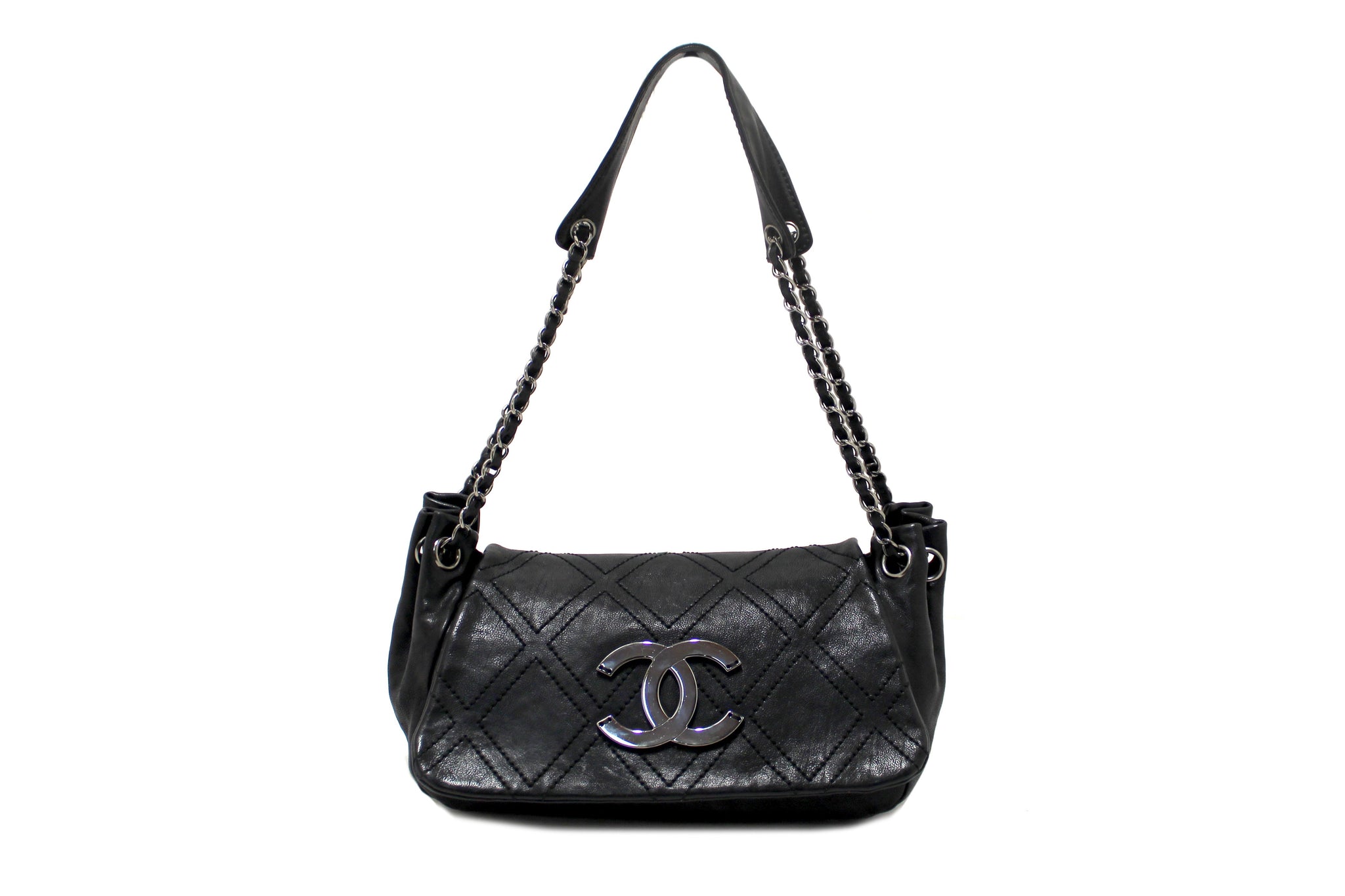 Chanel Black Diamond Stitch Accordion Flap Shoulder Bag