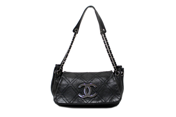 Chanel Black Diamond Stitch Accordion Flap Shoulder Bag