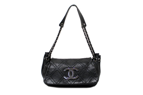 Chanel Black Diamond Stitch Accordion Flap Shoulder Bag