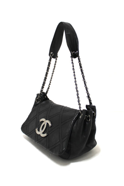 Chanel Black Diamond Stitch Accordion Flap Shoulder Bag