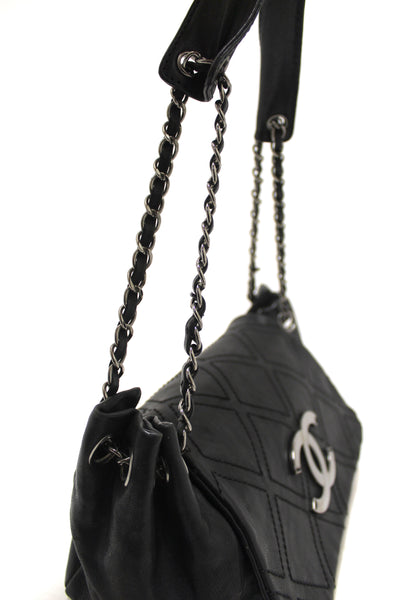 Chanel Black Diamond Stitch Accordion Flap Shoulder Bag