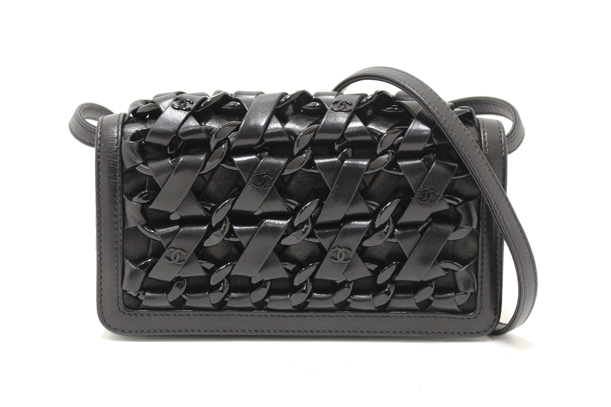 Chanel Interlaced Chain Strap Braided Black Lambskin Leather and Resin Mini Clutch