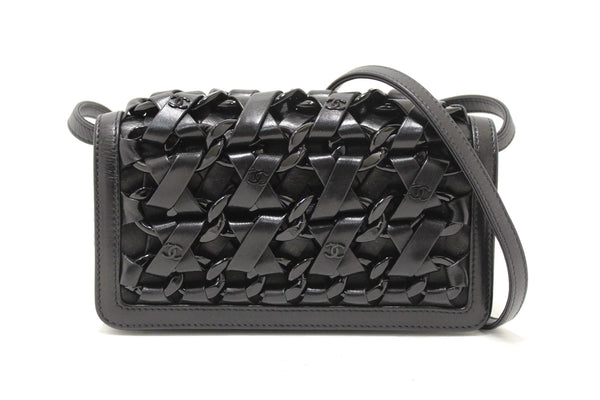 Chanel Interlaced Chain Strap Braided Black Lambskin Leather and Resin Mini Clutch