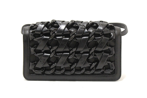 Chanel Interlaced Chain Strap Braided Black Lambskin Leather and Resin Mini Clutch