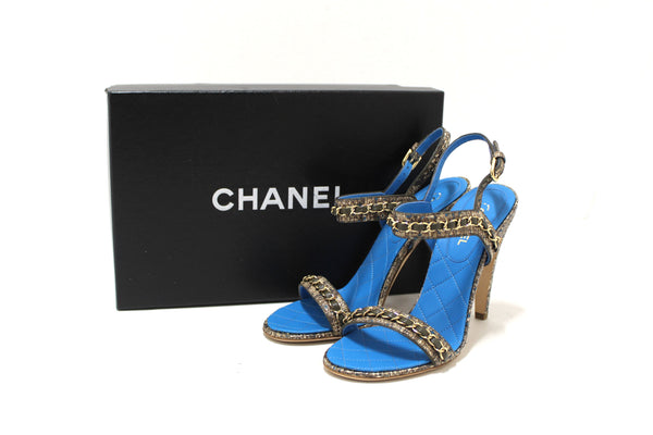 NEW Chanel Blue Leather and Tweed Chain Strap Sandal Heel Shoes Size 37