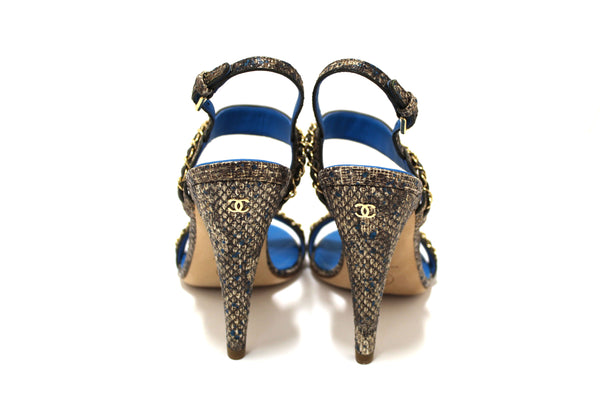 NEW Chanel Blue Leather and Tweed Chain Strap Sandal Heel Shoes Size 37