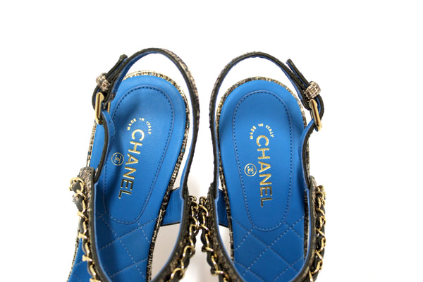 NEW Chanel Blue Leather and Tweed Chain Strap Sandal Heel Shoes Size 37