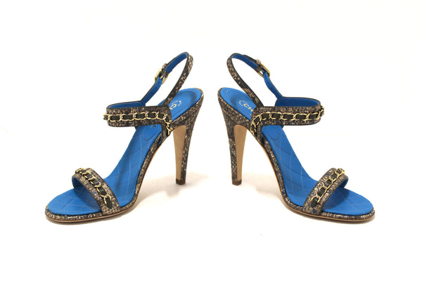 NEW Chanel Blue Leather and Tweed Chain Strap Sandal Heel Shoes Size 37