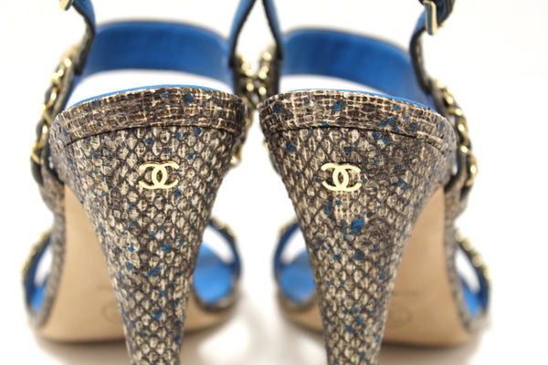 NEW Chanel Blue Leather and Tweed Chain Strap Sandal Heel Shoes Size 37