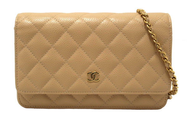 NEW Chanel Beige Quilted Caviar Leather Wallet On Chain WOC/ Clutch Bag