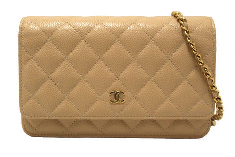 NEW Chanel Beige Quilted Caviar Leather Wallet On Chain WOC/ Clutch Bag