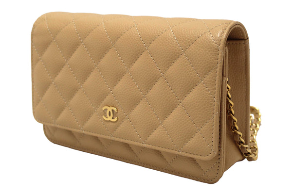 NEW Chanel Beige Quilted Caviar Leather Wallet On Chain WOC/ Clutch Bag