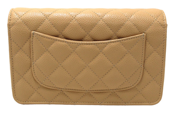 NEW Chanel Beige Quilted Caviar Leather Wallet On Chain WOC/ Clutch Bag