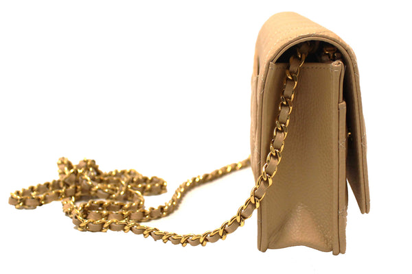 NEW Chanel Beige Quilted Caviar Leather Wallet On Chain WOC/ Clutch Bag