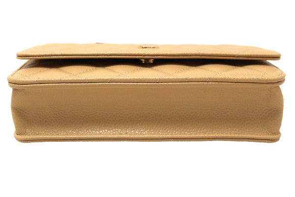 NEW Chanel Beige Quilted Caviar Leather Wallet On Chain WOC/ Clutch Bag