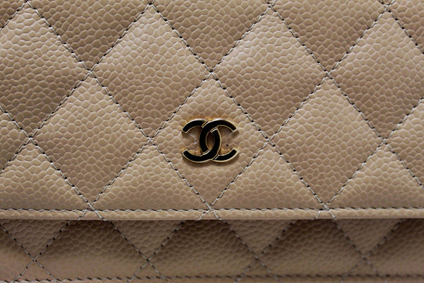 NEW Chanel Beige Quilted Caviar Leather Wallet On Chain WOC/ Clutch Bag