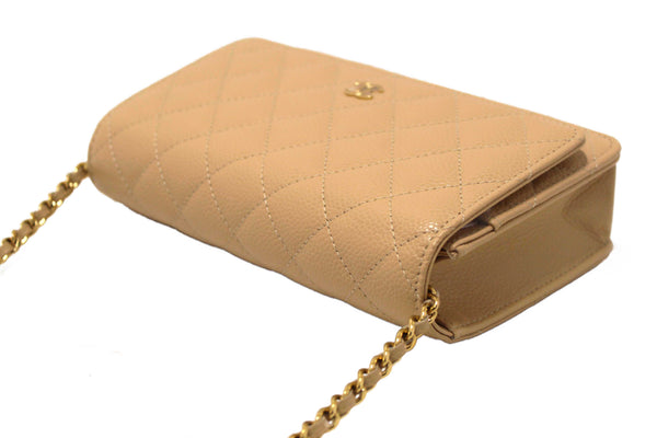 NEW Chanel Beige Quilted Caviar Leather Wallet On Chain WOC/ Clutch Bag