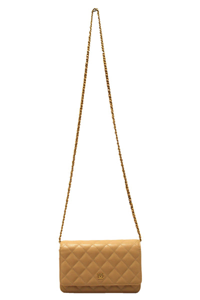 NEW Chanel Beige Quilted Caviar Leather Wallet On Chain WOC/ Clutch Bag