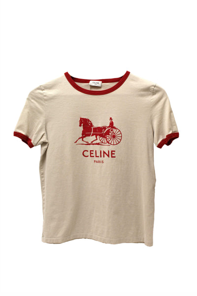 Celine Neutral and Red Cotton Graphic Print T-shirt size S
