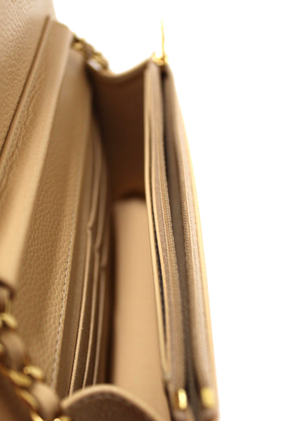 NEW Chanel Beige Quilted Caviar Leather Wallet On Chain WOC/ Clutch Bag