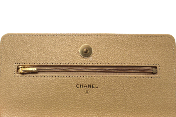 NEW Chanel Beige Quilted Caviar Leather Wallet On Chain WOC/ Clutch Bag