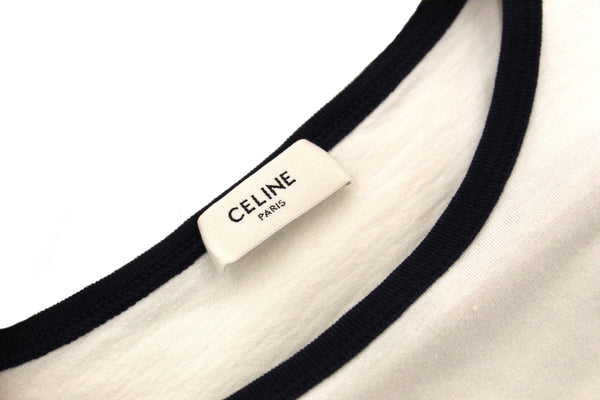 Celine White and Navy Cotton Graphic Logo Print T-shirt size S