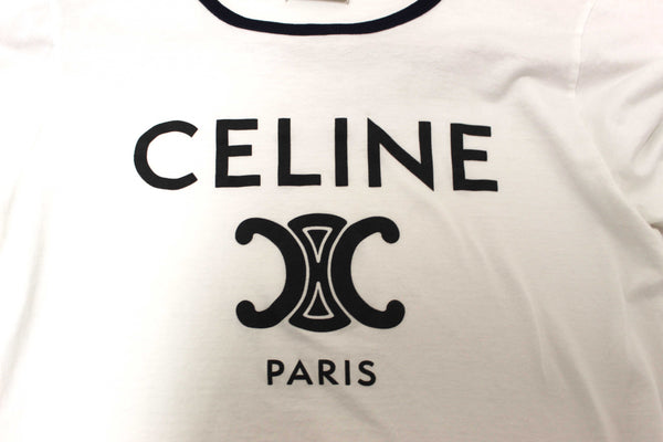 Celine White and Navy Cotton Graphic Logo Print T-shirt size S