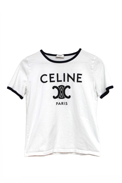 Celine White and Navy Cotton Graphic Logo Print T-shirt size S