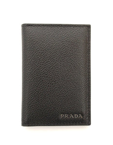 New Prada Black Calfskin Micro-Grained Leather Bifold Card Holder