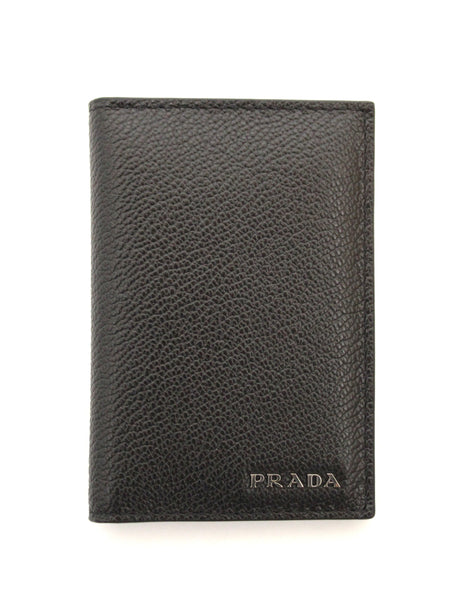 New Prada Black Calfskin Micro-Grained Leather Bifold Card Holder