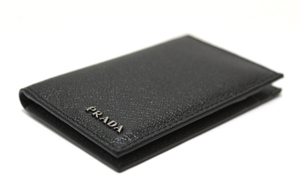 New Prada Black Calfskin Micro-Grained Leather Bifold Card Holder