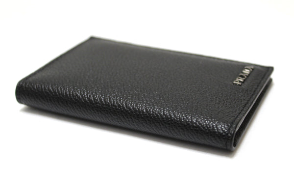 New Prada Black Calfskin Micro-Grained Leather Bifold Card Holder