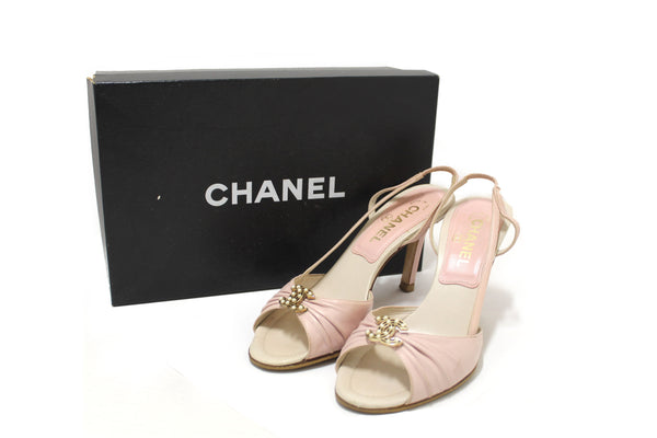Chanel Vintage Pink/White Leather Slingback Sandal Heel Shoes S | Italystation.com - Shop Now at italystation.com