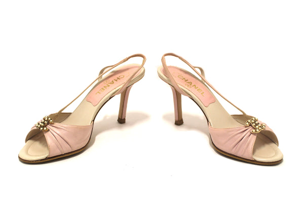 Chanel Vintage Pink/White Leather Slingback Sandal Heel Shoes S | Italystation.com - Shop Now at italystation.com