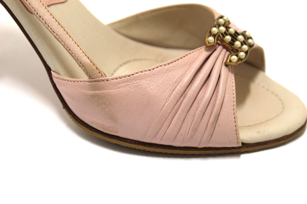 Chanel Vintage Pink/White Leather Slingback Sandal Heel Shoes S | Italystation.com - Shop Now at italystation.com
