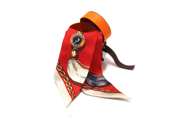 Hermes Red/Beige Silk Cavalcades Twilly Bandeau Scarf