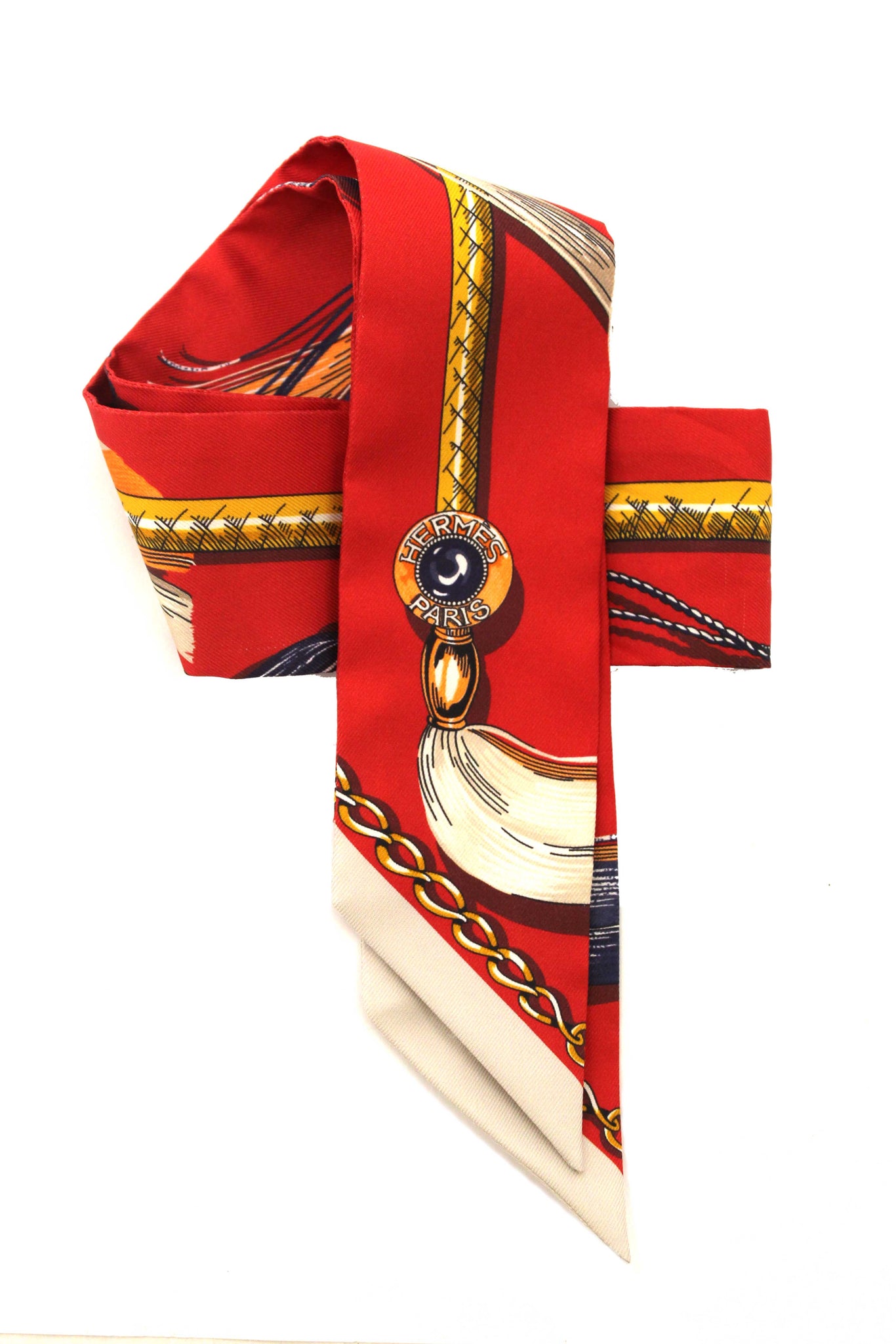Hermes Red/Beige Silk Cavalcades Twilly Bandeau Scarf