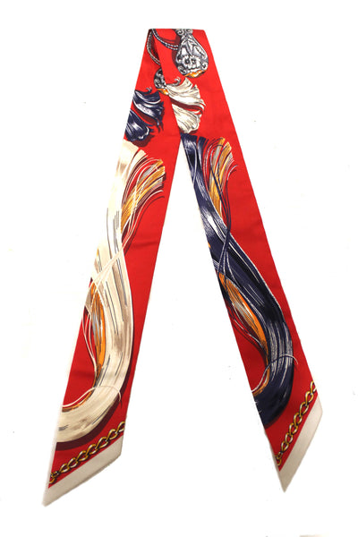 Hermes Red/Beige Silk Cavalcades Twilly Bandeau Scarf