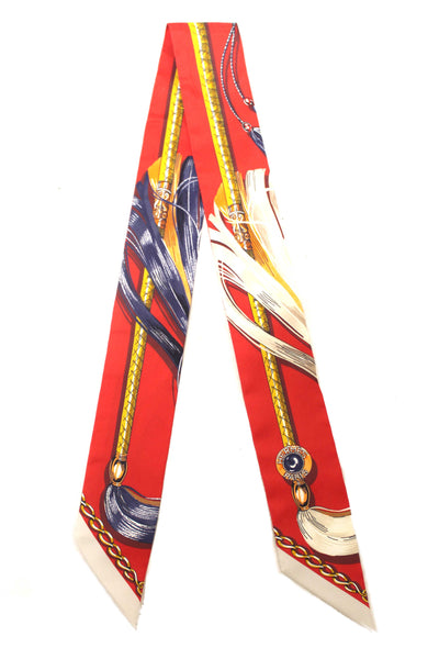 Hermes Red/Beige Silk Cavalcades Twilly Bandeau Scarf