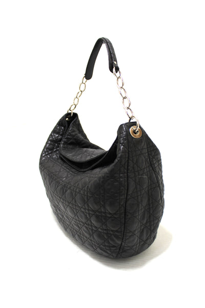 Authentic Christian Dior Black Lady Dior Cannage Quilted Lambskin Soft Medium Hobo Bag