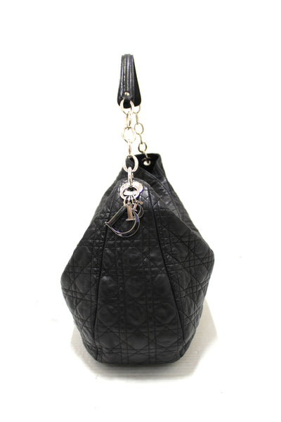 Authentic Christian Dior Black Lady Dior Cannage Quilted Lambskin Soft Medium Hobo Bag