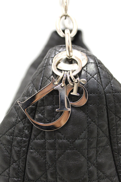 Christian Dior Black Lady Dior Cannage Quilted Lambskin Soft Medium Hobo Bag