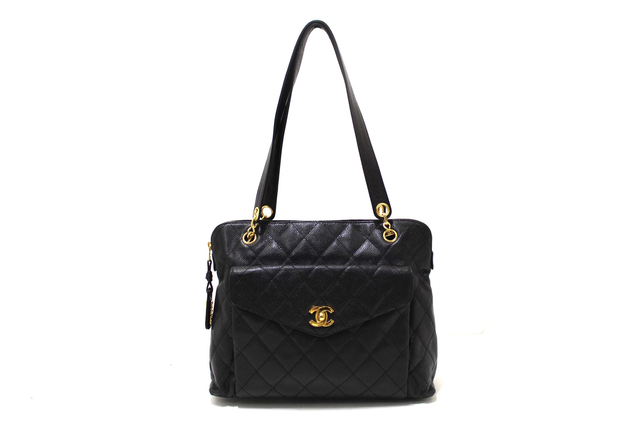 Chanel Vintage Black Quilted Caviar Front Pocket Shoulder Bag