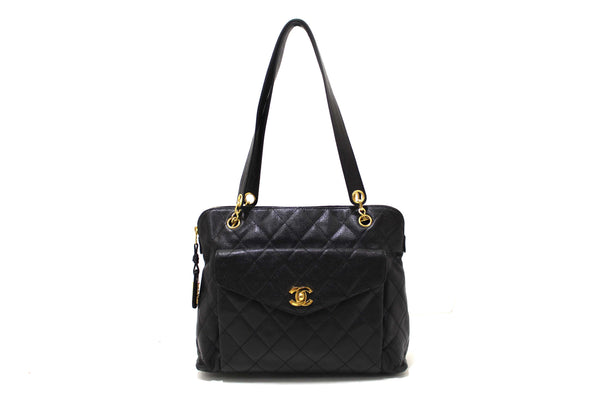 Chanel Vintage Black Quilted Caviar Front Pocket Shoulder Bag