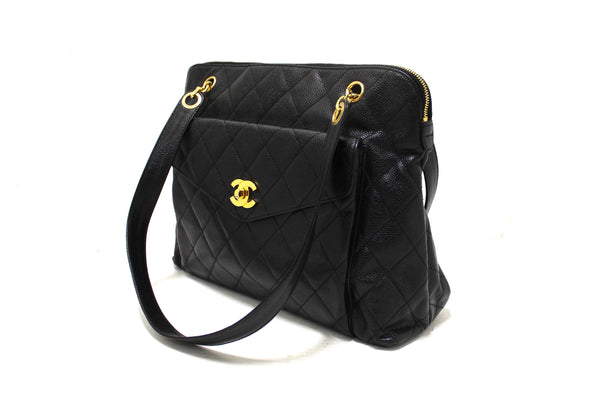 Chanel Vintage Black Quilted Caviar Front Pocket Shoulder Bag