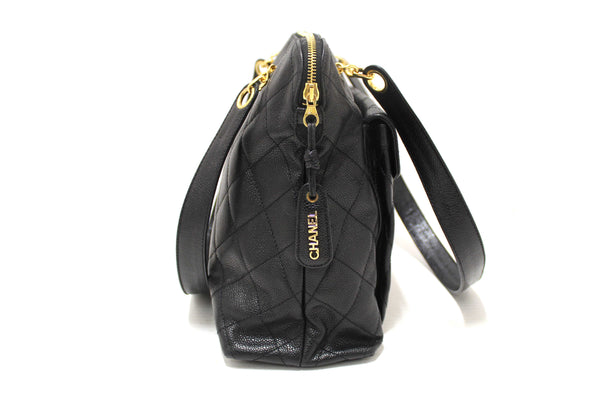 Chanel Vintage Black Quilted Caviar Front Pocket Shoulder Bag