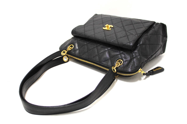 Chanel Vintage Black Quilted Caviar Front Pocket Shoulder Bag