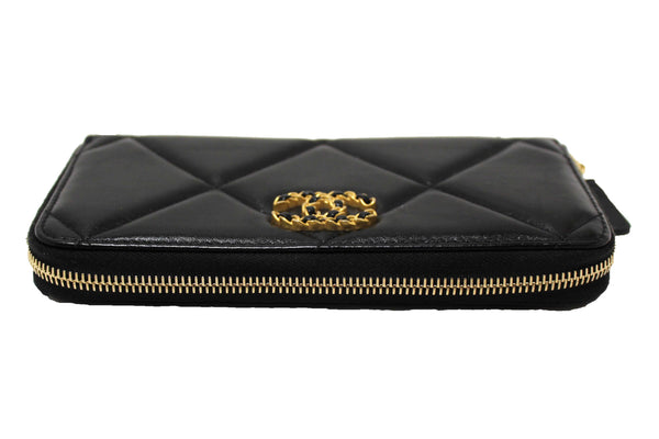 Chanel 19 Black Quilted Lambskin Leather Long Zip Around Wallet