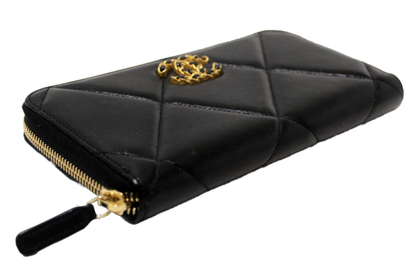 Chanel 19 Black Quilted Lambskin Leather Long Zip Around Wallet